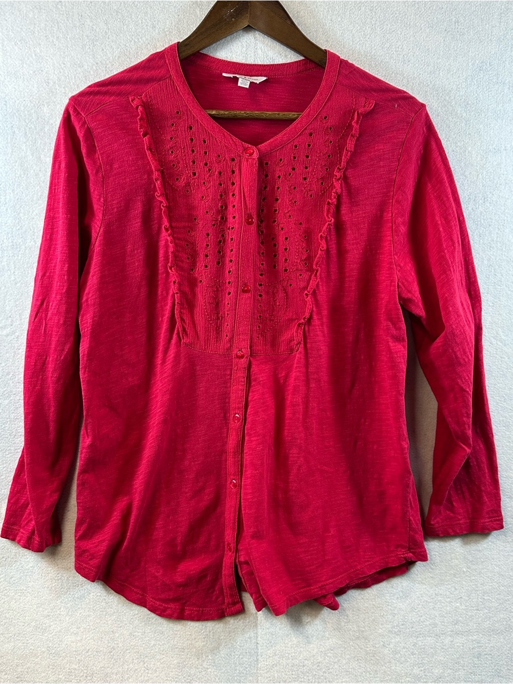 Lucky Brand Red Eyelet Ruffle Henley Top Womens Large